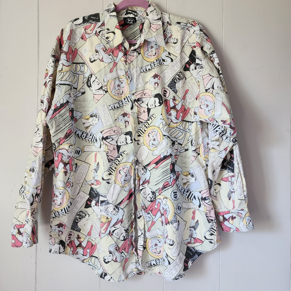 Vintage Dc Comics Retro Superman 90s Y2k  Button Down Shirt Allover Print XL